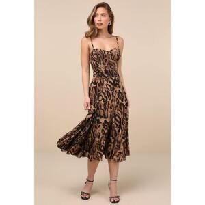 Lulus Enticing Invite Brown Leopard Print Pleated Midi Dress - Size M